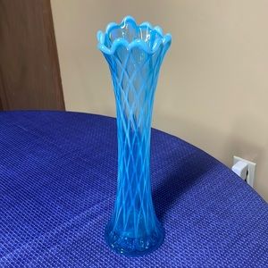 JEFFERSON GLASS Diamond and Oval Thumbprint Blue opalescent Swung Vase 12.5”